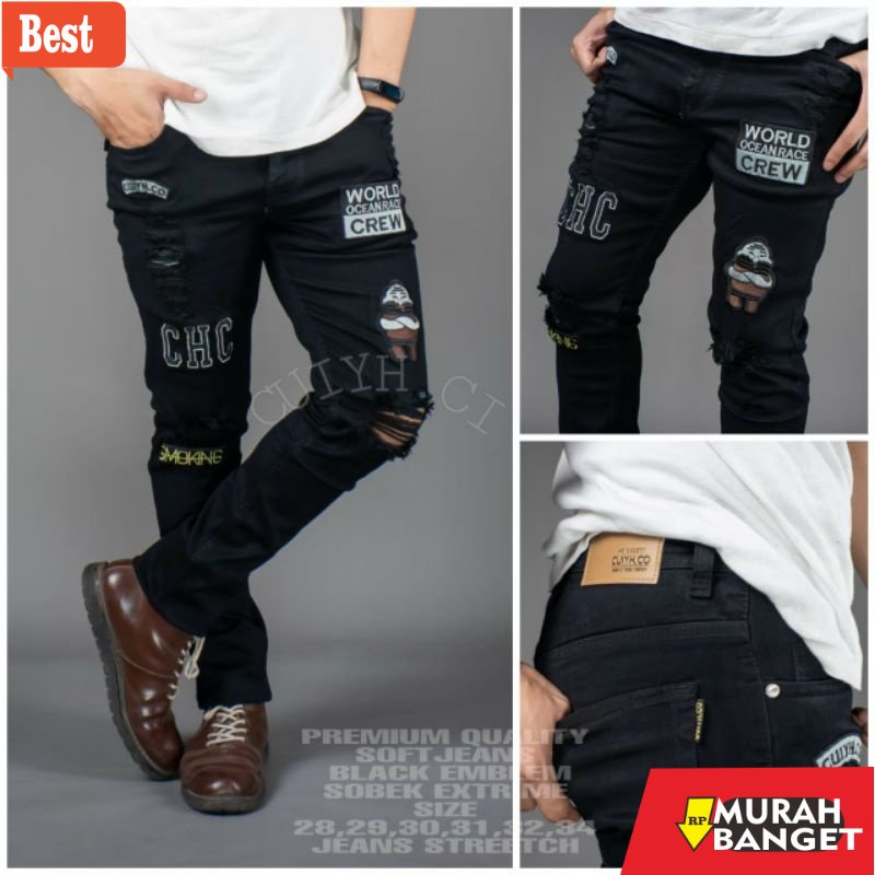 riped jeans terbaru- CELANA JEANS PRIA SOFTJEANS FULL EMBLEM BORDIR CELANA JEANS STRETCH CELANA JEAN