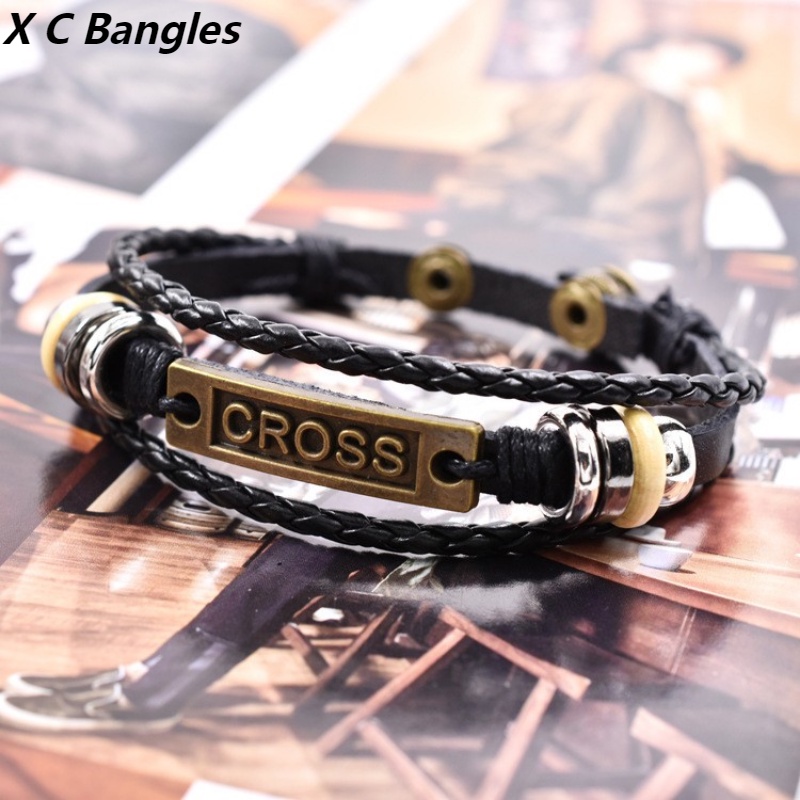 [X C Gelang] Baru Vintage Hijau Salib Gelang Hitam Kulit Manik-Manik Kayu Vintage Hip Hop Punk Gelang Kulit Lengan Paduan Seng Anyaman Gelang