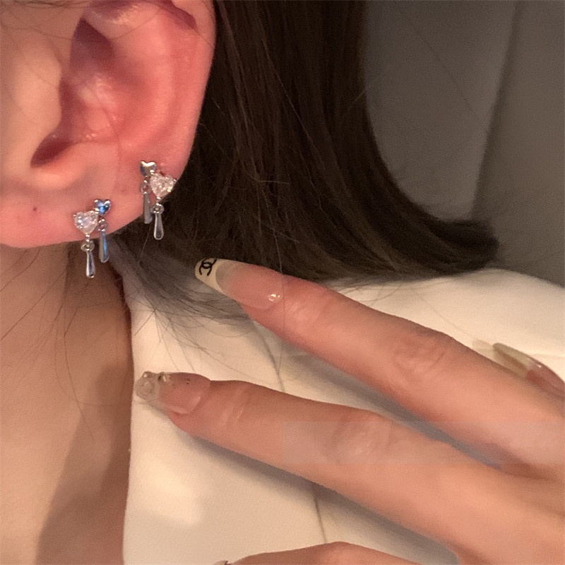 Roselife Korea s925 Perak Zirkon Mengkilap Terkait Jantung Stud Anting Untuk Wanita Perempuan Elegan Cinta Ganda Anting-Anting Perhiasan Aksesoris