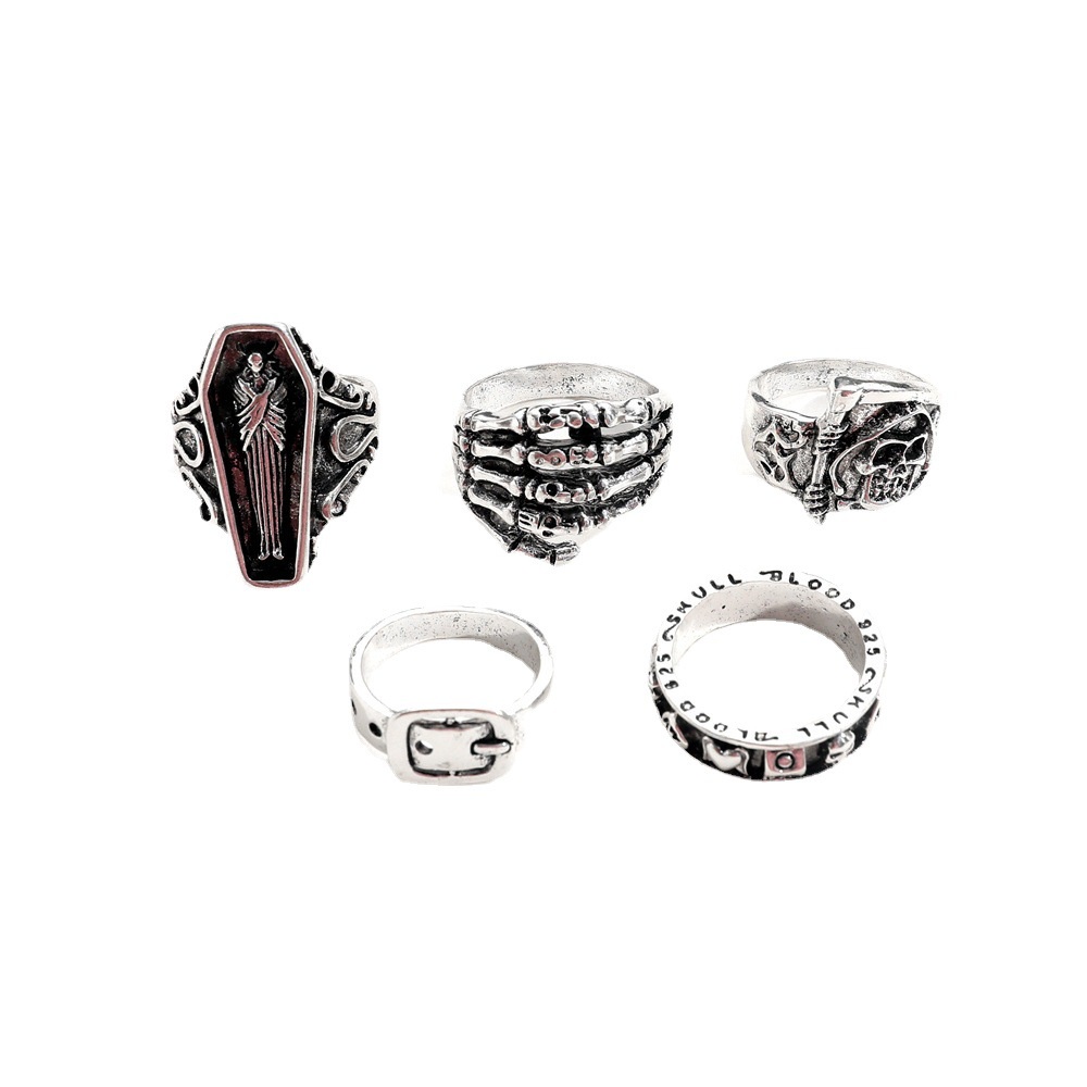 5 Pcs/Set Retro Punk Fashion Reaper Sabit Cincin Set Untuk Pria Gothic Skeleton Tangan Tengkorak Cincin Perhiasan Aksesoris