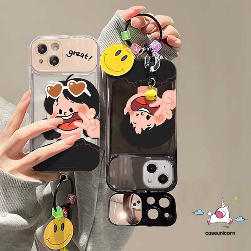 IPHONE Kartun 3D Smiley Gelang Case Kompatibel Untuk Iphone11 13 12 14 Pro Max7 8 14 Plus XR X XS MAX SE Pasangan Lucu Cowok Cewek Shockproof Lembut Kreatif Flip Make Up Cermin Cover