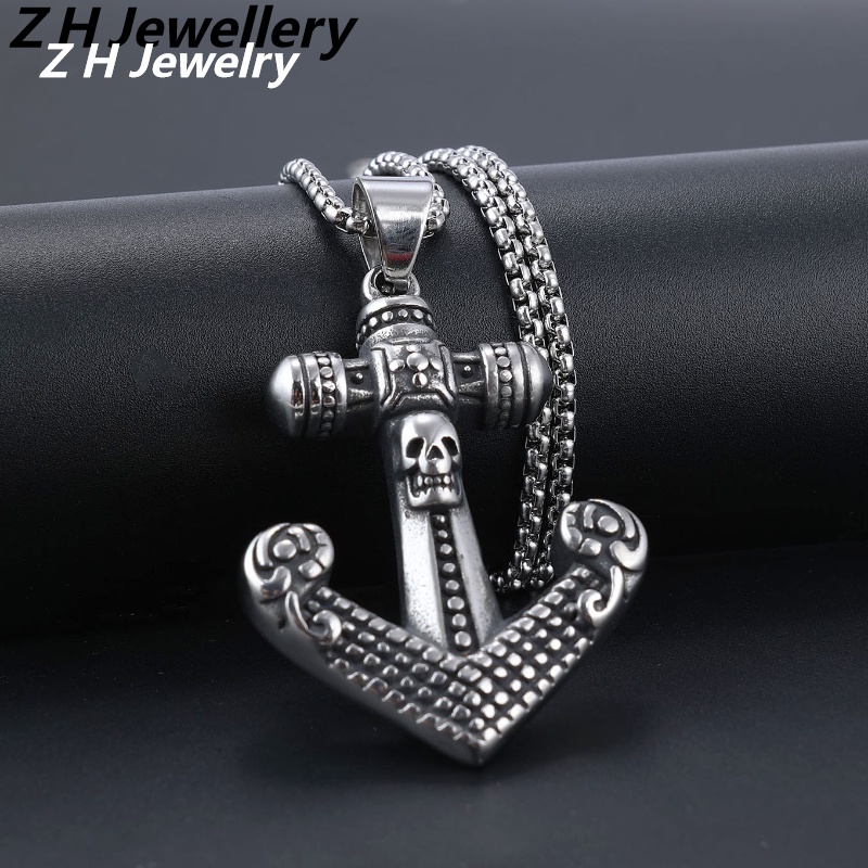 [Z H Perhiasan] Vintage Viking Hip Hop Jangkar Pelayaran Berlayar Salib Stainless Steel Liontin Pria Dan Wanita Fashion Kalung Punk Pesta Batu Baja Titanium Perhiasan Aksesoris