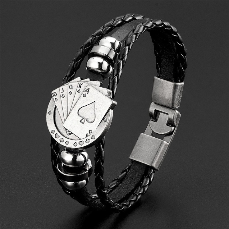 [Z H Perhiasan] Vintage Rock Poker Gelang Kulit Pria Dan Wanita Fashion Stainless Steel Multilayer Manik-Manik PU Gelang Punk Pesta Perhiasan Aksesoris