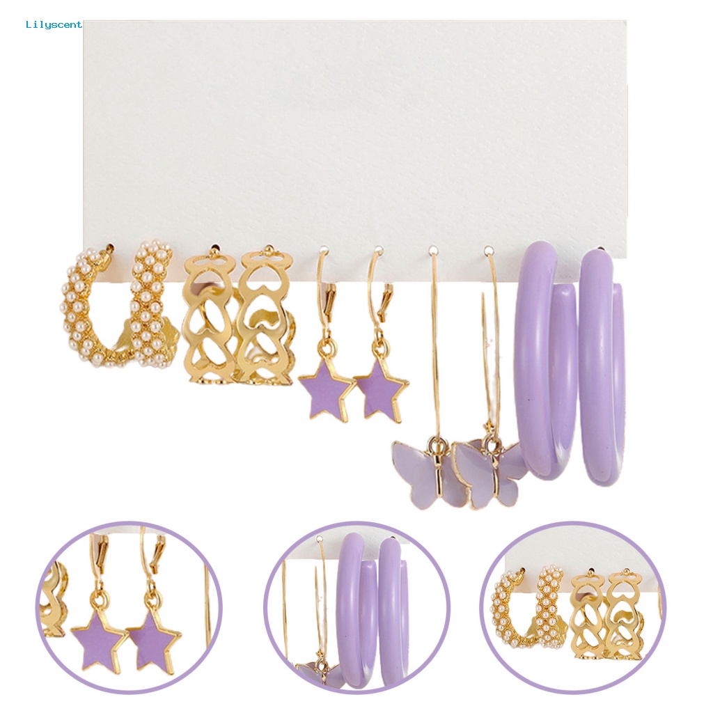 Lilyscent 5pasang Anting Menjuntai Anti Karat Aksesoris Perhiasan Anting Lingkaran Kupu-Kupu Set Tindik