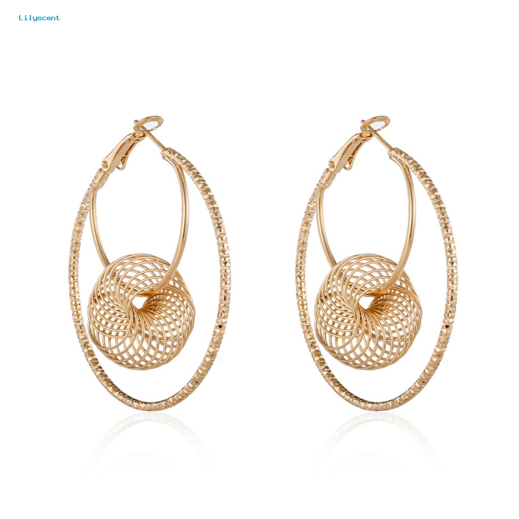 Lilyscent 1pasang Anting Hoop Halus Fashion Perhiasan Geometris Berongga Logam Lingkaran Anting Golden