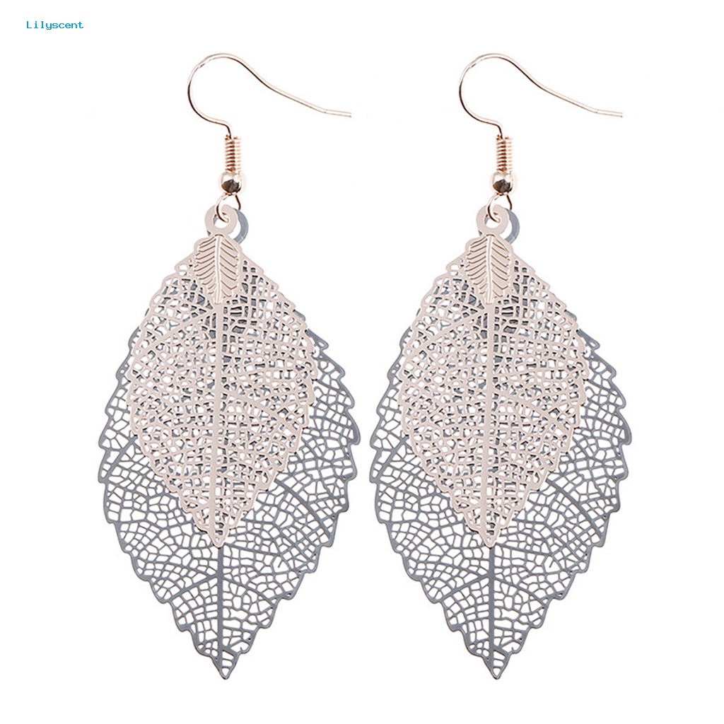 Lilyscent 1pasang Hadiah Ulang Tahun Anting Daun Pakaian Sehari-Hari Wanita Pesona Double-layer Leaf Drop Menjuntai Earrings Warna-Warni