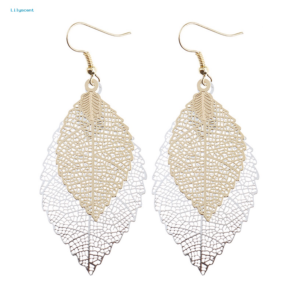 Lilyscent 1pasang Hadiah Ulang Tahun Anting Daun Pakaian Sehari-Hari Wanita Pesona Double-layer Leaf Drop Menjuntai Earrings Warna-Warni