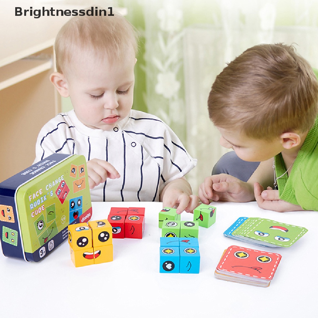 [Brightnessdin1] Mainan Edukasi Perubahan Emosi Blok Ekspresi Puzzle Edukasi Belajar Dini Montessori Mainan Anak Kayu Cube Table Games Butik
