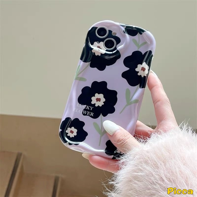 Casing Tepi Melengkung Bergelombang 3D Kompatibel Untuk IPhone 7Plus XR 78 6s 6plus 11 13 14 12 Pro Max X XS Max SE 2020 Ins Retro Black Flower Airbag Glossy Shockproof Soft Tpu Purple Cover