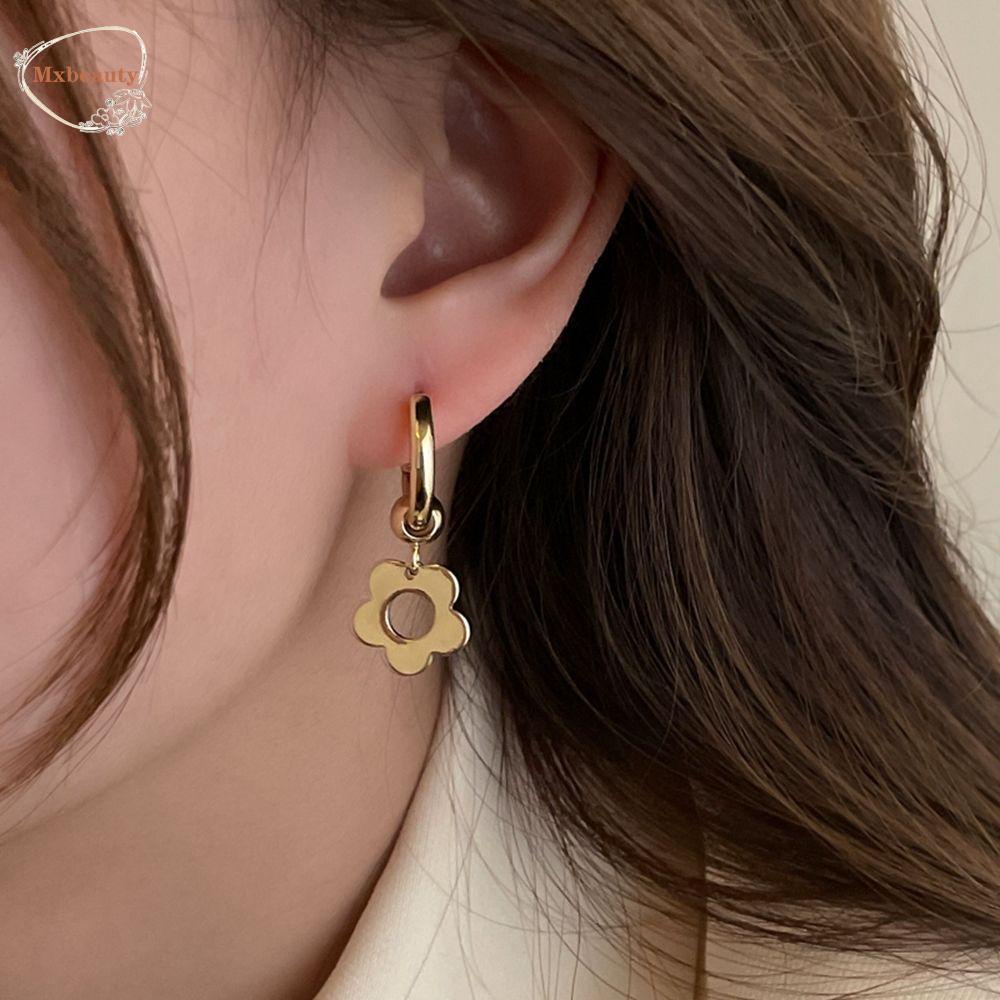 Mxbeauty Anting Bunga Gadis Indah Geometri Telinga Gesper Logam Perak Anting Gaya Korea Earrings