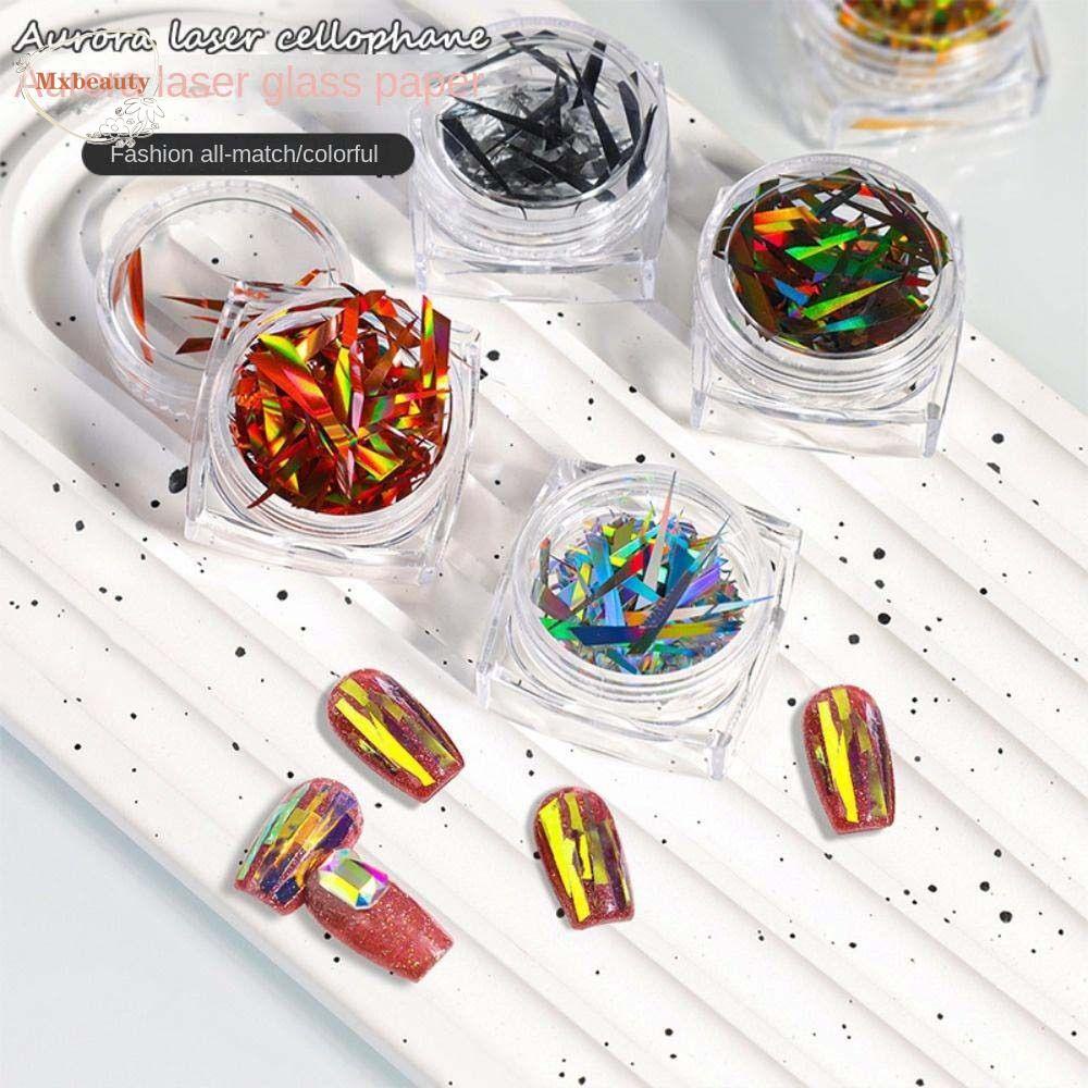 Mxbeauty Dekorasi Nail Art Wanita Warna-Warni Cermin Glitter Decal Transfer Paper Manicure Aksesoris Stiker Kuku Aurora Pecah Foil Kaca