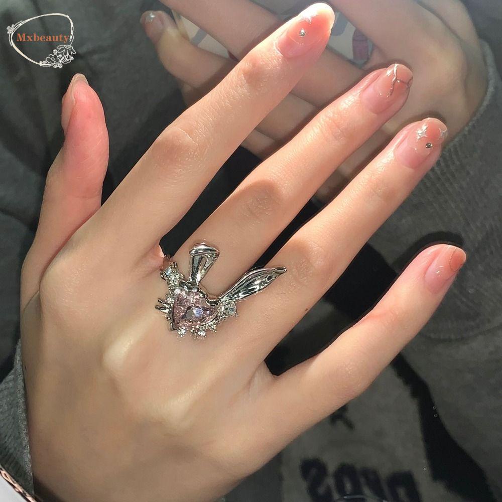 Mxbeauty Wanita Cincin Trendi Indah Menawan Desain Niche Hadiah Gadis Telinga Kelinci Manis Zirkon Hati Merah Muda Gaya Korea Ring