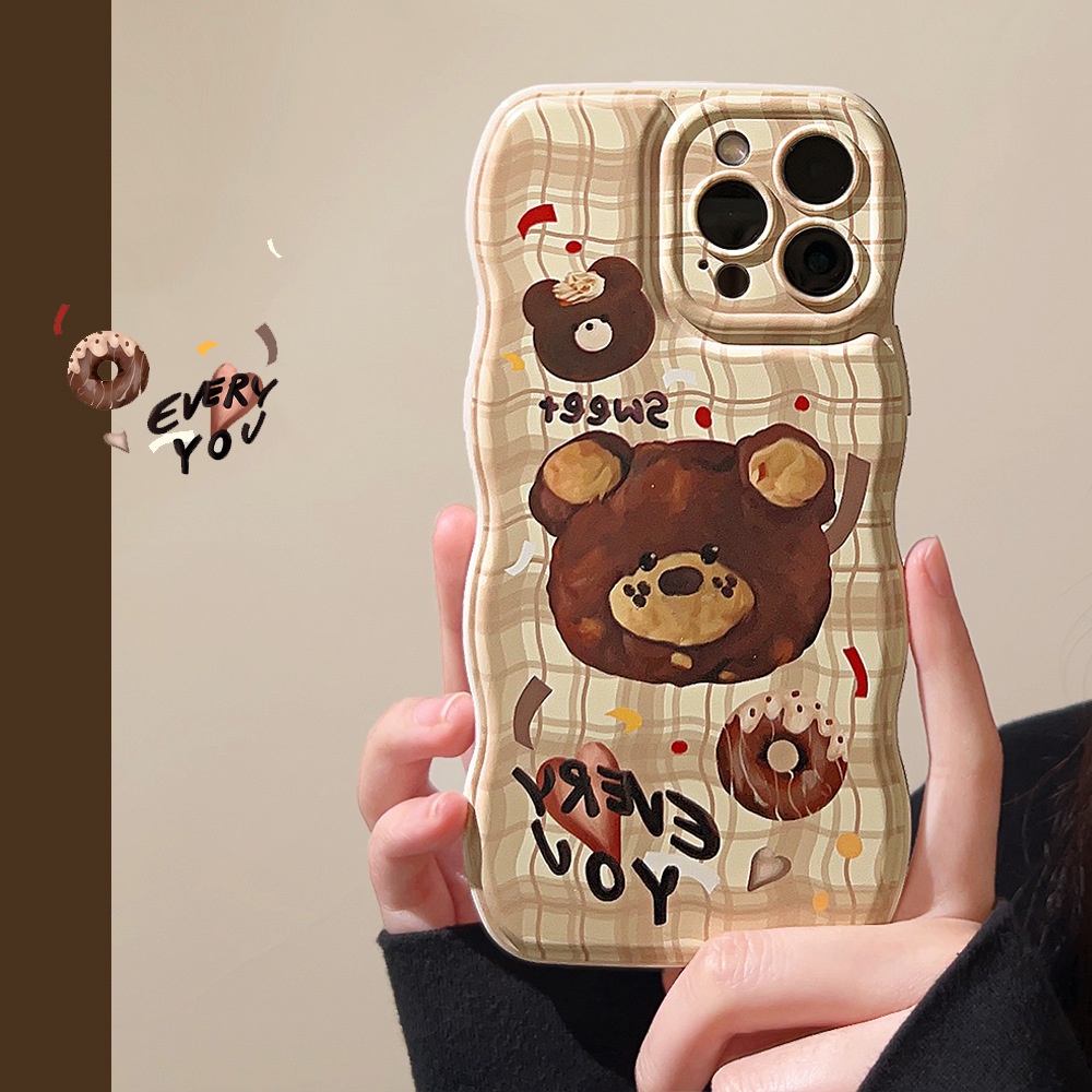 IPHONE Donat Teddy Bear Memutar Kotak-Kotak Coklat Perlindungan Penuh Casing Ponsel Cover Untuk Iphone11 12 13 14 PLUS PRO MAX Soft Shell