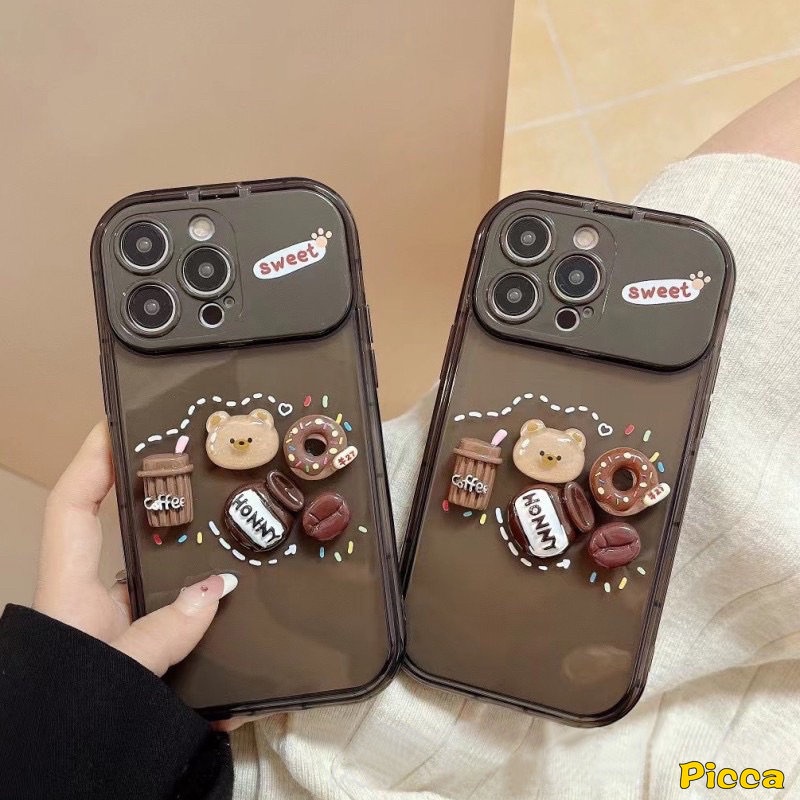 IPHONE Casing Cermin Make Up Flip Kreatif Kompatibel Untuk Iphone13 11 12 14 Pro Max7 8 14 Plus XR X XS MAX SE Kartun Lucu Mainan 3D Beruang Kopi Donat Casing Shockproof Soft Cover