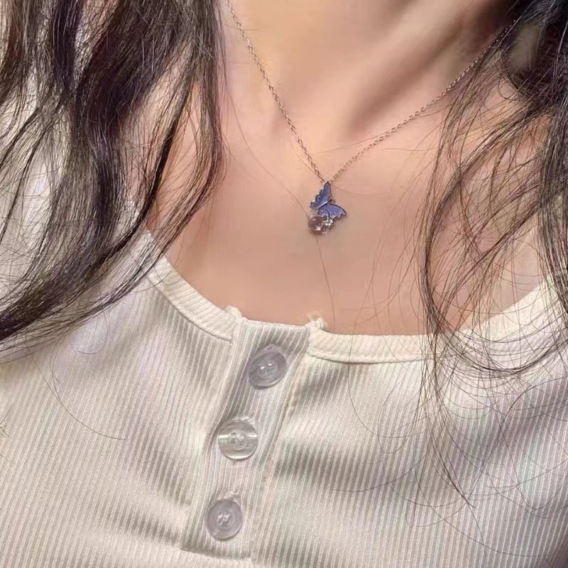 Ins Bubble Butterfly Necklace Kalung Liontin Opal Zircon Kupu-Kupu Ungu Korea Untuk Wanita