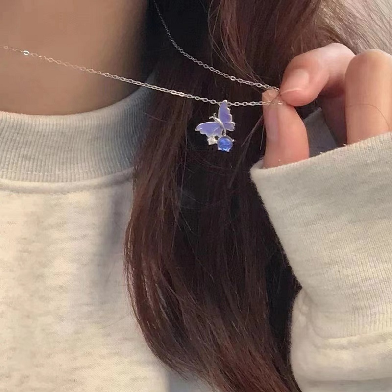 Ins Bubble Butterfly Necklace Kalung Liontin Opal Zircon Kupu-Kupu Ungu Korea Untuk Wanita