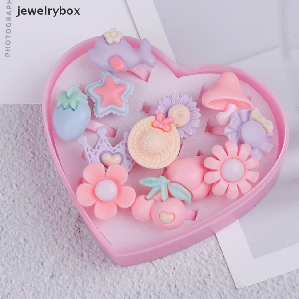 [jewelrybox] 12pcs mix Cincin Kartun Bunga resin Plastik Bayi Anak Perempuan Anak Dengan Kotak Butik