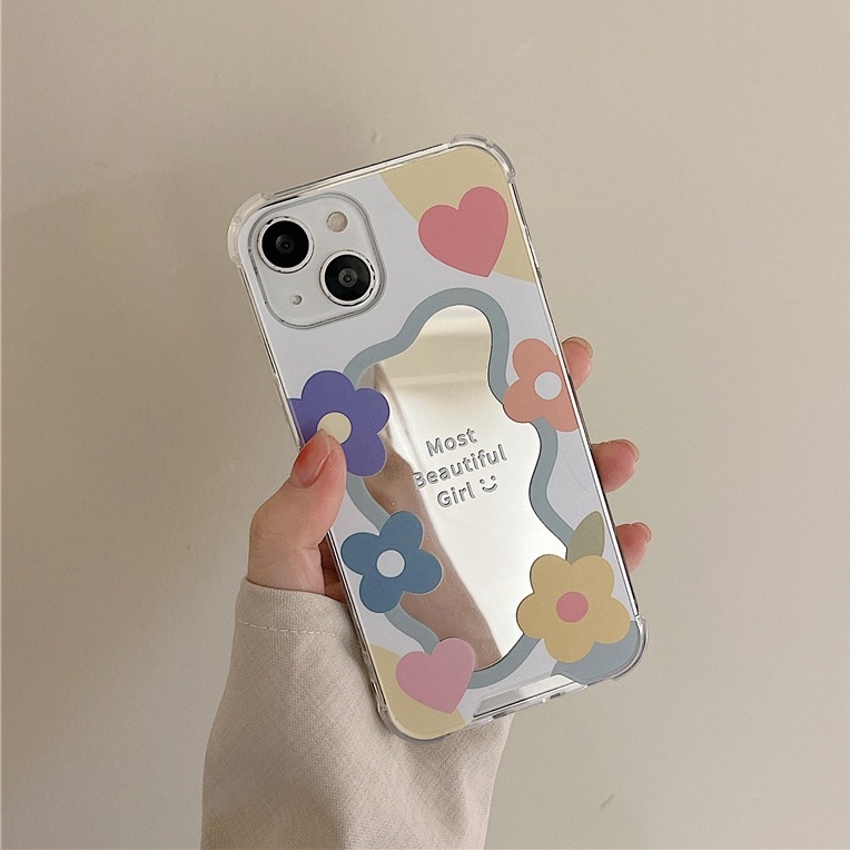 【Anti Fall Mirror】Pretty Silver Makeup Silicone Soft Case Iphone 6S 7 8 Plus X XR XS Max IPhone 11 12 13 14 Pro Max 14 Plus 7+ 8+ 12 13 mini for Women Girl Ins Colorful SunFlower