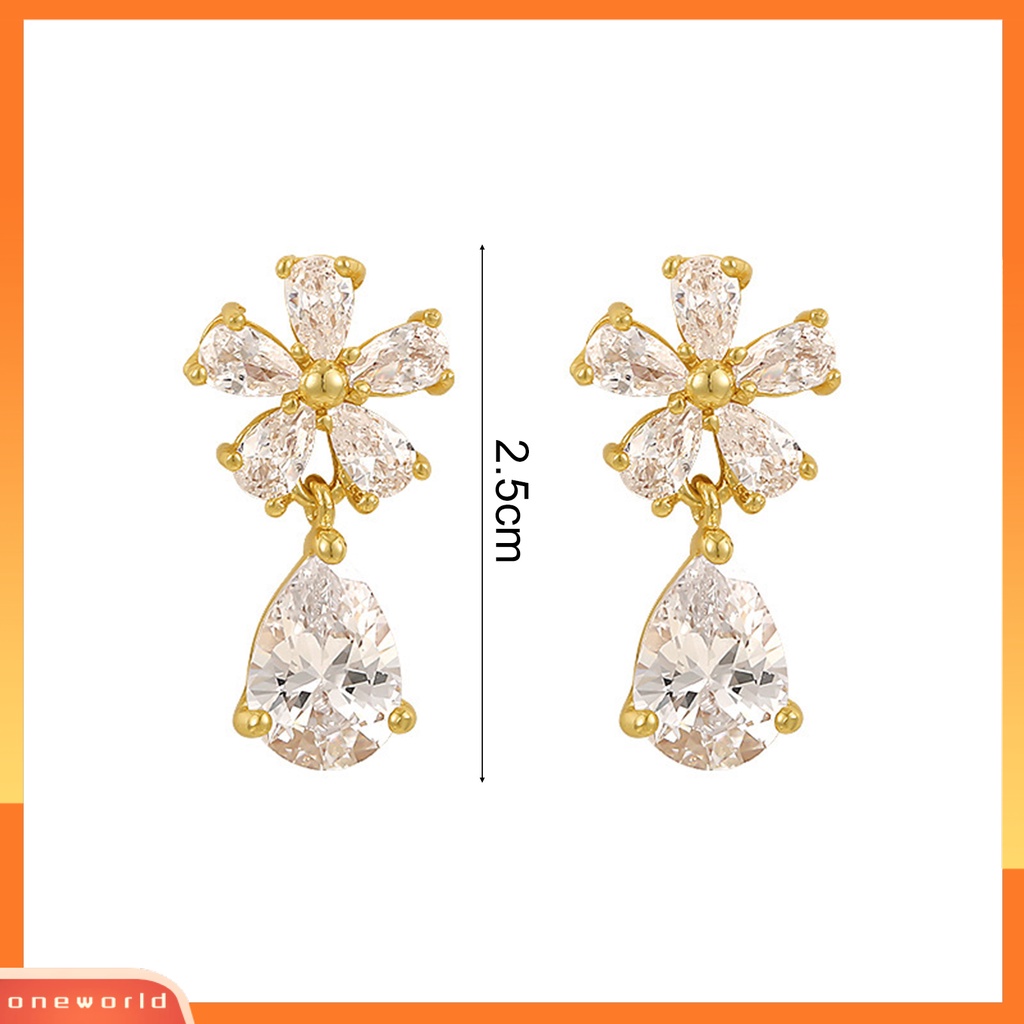 [ONE] 1pasang Anting Pejantan Bening Tetesan Air Emas Elegan Mewah Berlian Imitasi Hias Bunga Menjuntai Anting Fashion Perhiasan