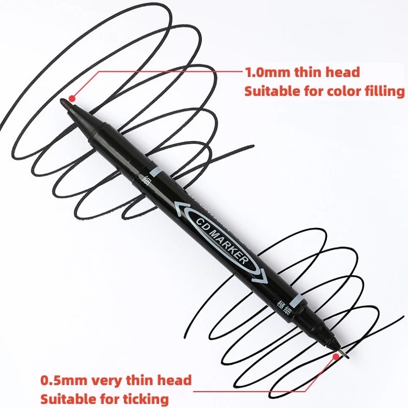 Pen Penanda Kepala Ganda Permanen/Tinta Tahan Air Lukisan Bintik Halus Ben/Tinta Hitam Biru Merah 0.5/1.0mm Penanda Kepala Bulat