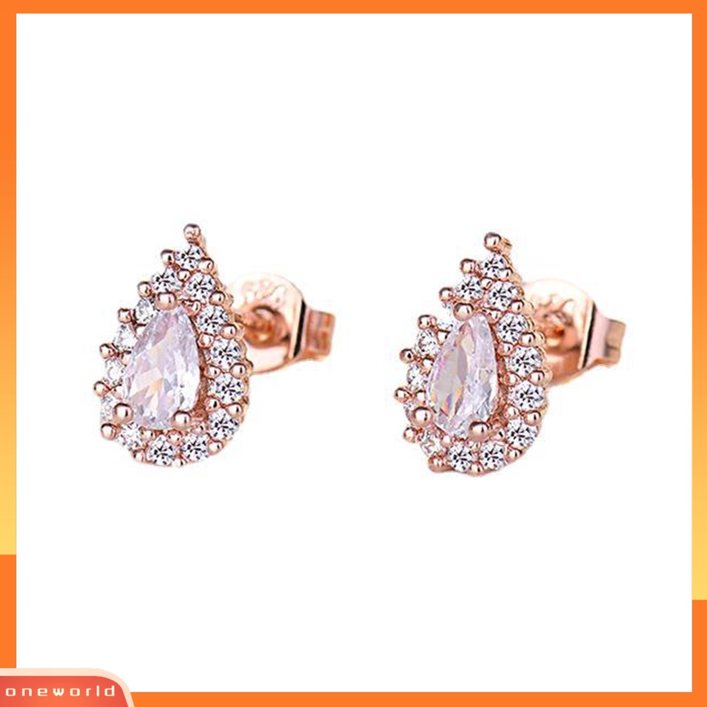 [EONE] 1pasang Ear Studs Vintage Temperamen Shiny Cubic Zirconia Hias Electroplating Dress Up Hadiah Wanita Perempuan Water Drop Stud Earrings Perhiasan Aksesoris