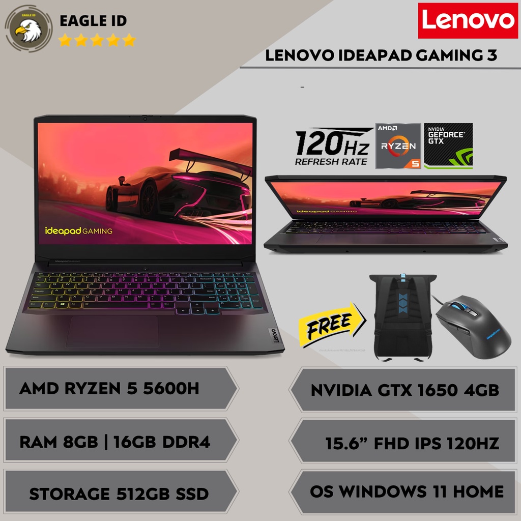 LAPTOP LENOVO IDEAPAD GAMING 3 15 RYZEN 5 5600H RAM 16GB 512GB NVIDIA GTX 1650 BLACK