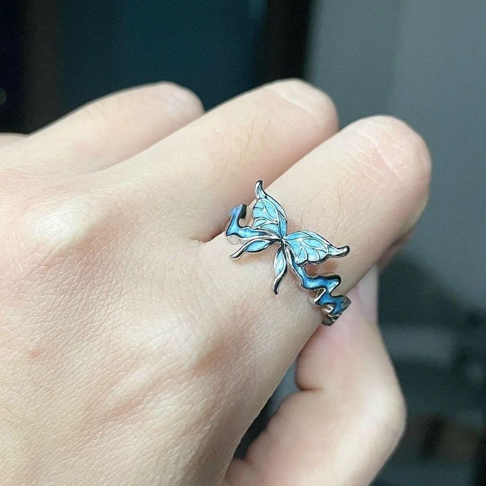 Mxbeauty Wanita Y2K Kalung Pesona Indah Romantis Niche Desain Fashion Perhiasan Biru Kupu-Kupu Geometris Alloy Gadis Pembukaan Cincin