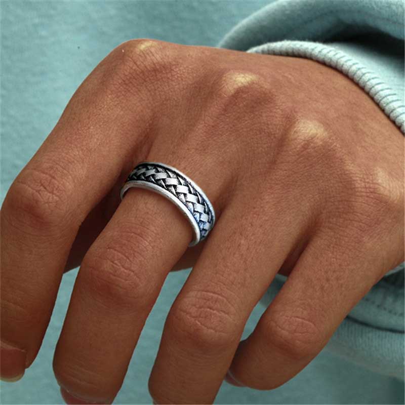 Retro Tenun Perak Baja Titanium Pria Punk Fashion Perhiasan Pernikahan Pertunangan Jari Rings