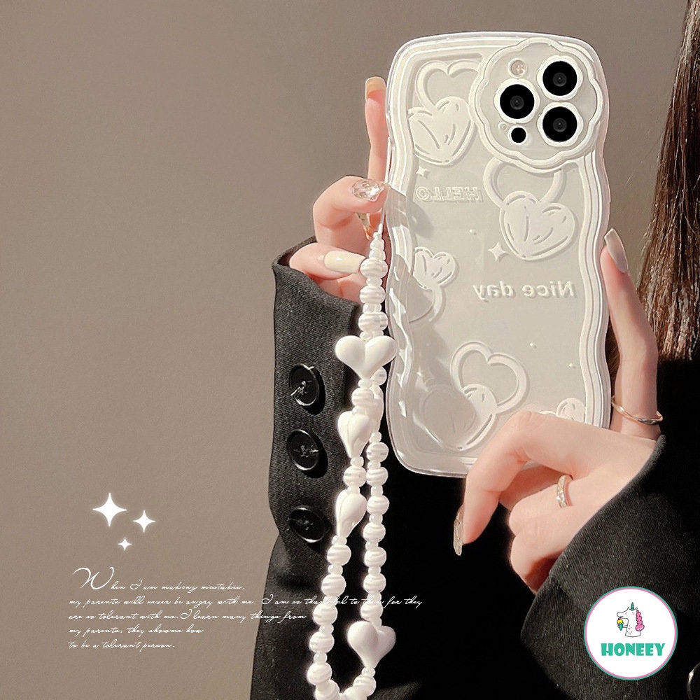 IPHONE Casing Silikon Transparan Gelombang Cinta Hati Lucu Untuk Iphone14 13 11 Pro Max 12 Pro Max Casing Iphone11Gantung Penutup Rantai Telepon