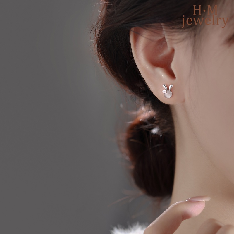 S925 Perak Opal Rabbit Stud Earrings Lucu Dan Kompak Manis Aksesori