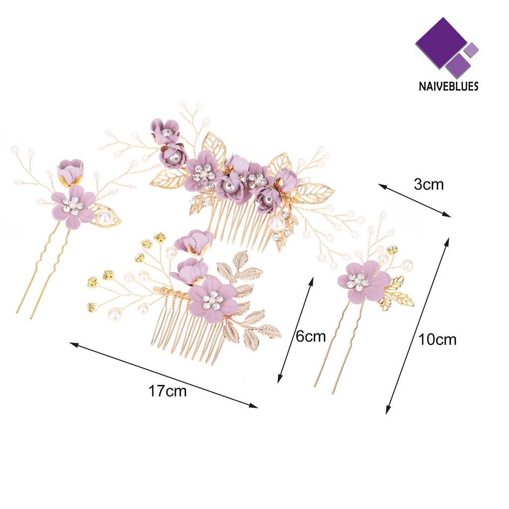 &lt; Naiveblues &gt; 4Pcs Set Pin Rambut Menawan Paduan Indah Mutiara Kristal Daun Pengantin Rambut Klip Untuk