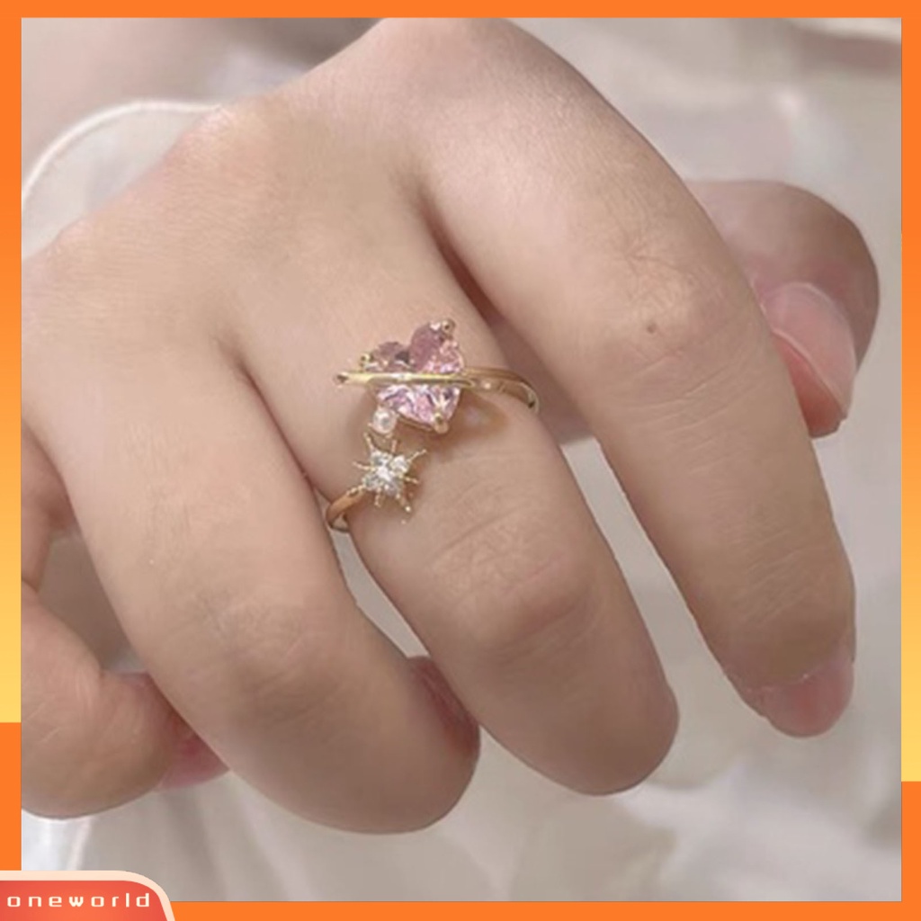 [EONE] Berlian Imitasi Bersinar Dapat Disesuaikan Wanita Cincin Pink Cubic Zirconia Jantung Pembukaan Cincin Perhiasan Aksesoris