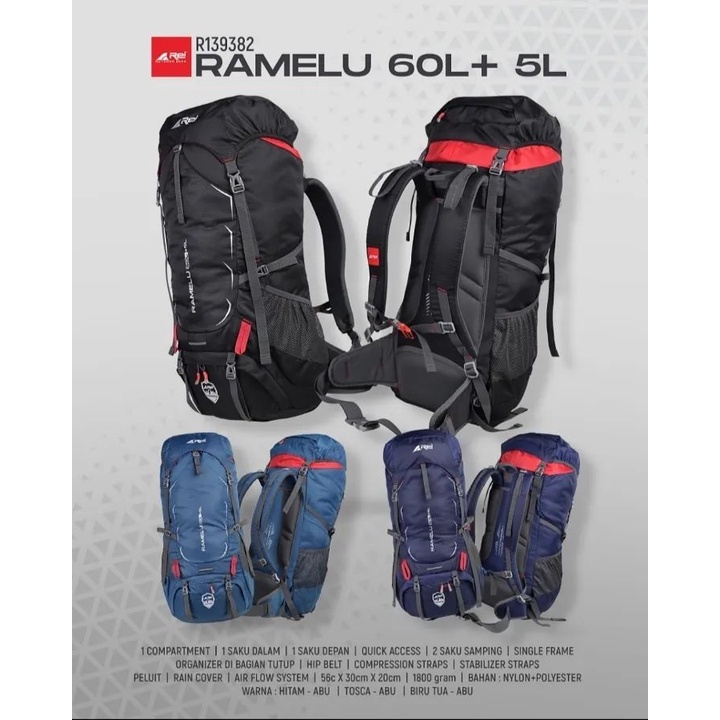TAS CARRIER AREI RAMELU 60+5L 65L | TAS GUNUNG HIKIMG REI OUTDOOR 60+5 65 L 65 LITER