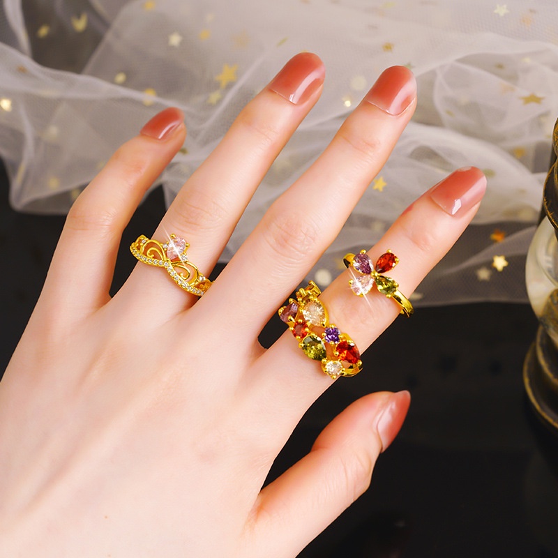 Goldkingdom Fashion Perhiasan 24 K Bangkok Aksesoris Ready Stock ins Baru Populer Wanita Zirkon Cincin Warna-Warni Perhiasan Mahkota Bunga Indah