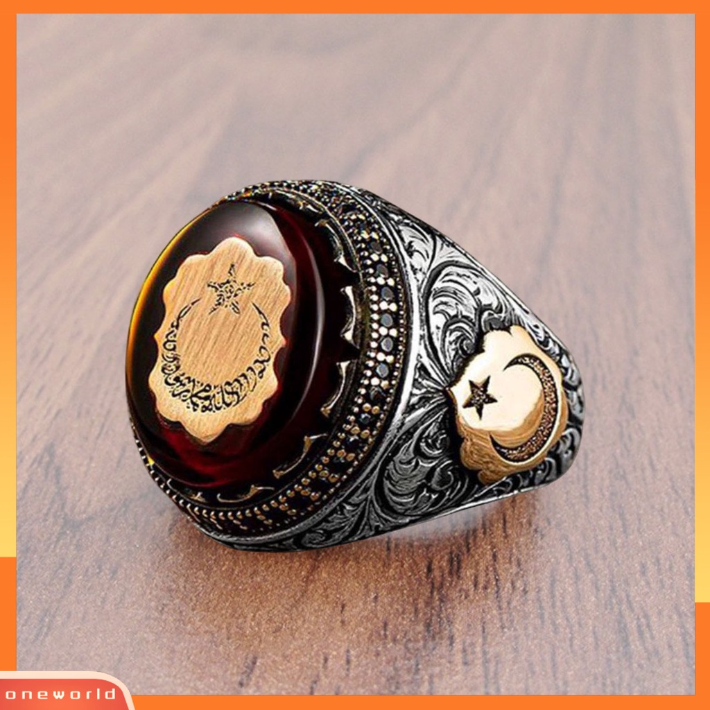 [EONE] Pria Cincin Kepribadian Tangan Pola Ukiran Buatan Tangan Berkilau Vintage Batu Merah Turki Signet Cincin Perhiasan Aksesori
