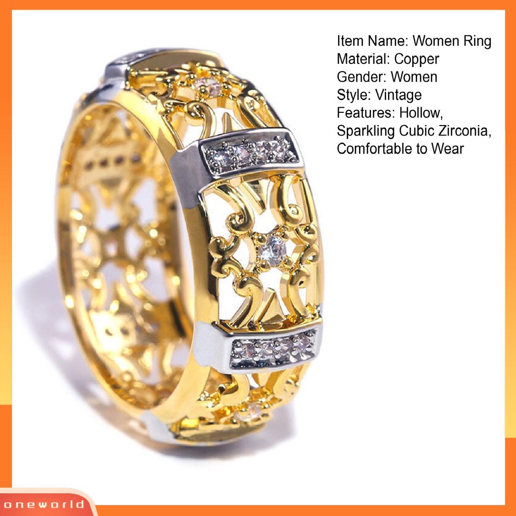 [EONE] Wanita Cincin Gaya Vintage Berongga Ukiran Dua Warna Kuno Bling Cubic Zirconia Ladies Finger Ring Fashion Jewelry