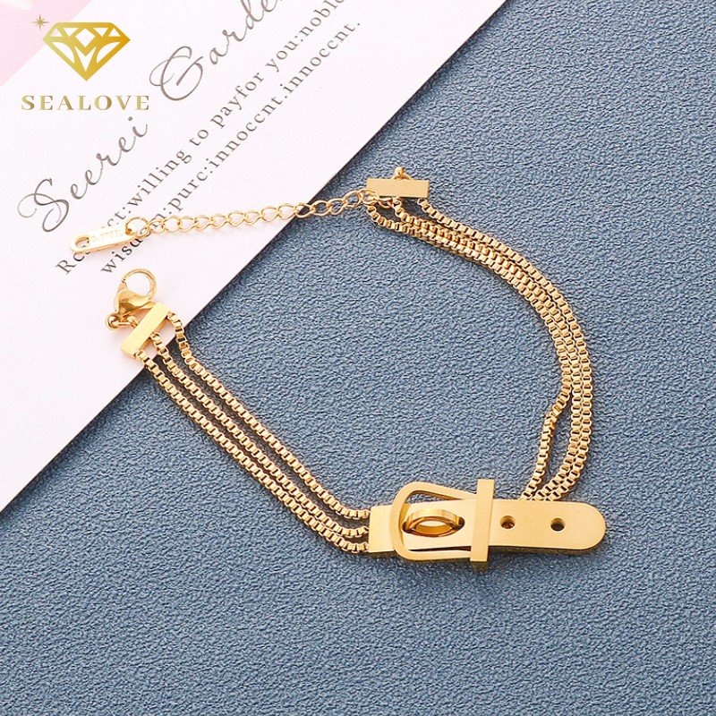 Gelang Titanium Wanita Anti Karat Gesper Sabuk Emas 18K Elegan Fashion Cantik Aksesoris Perhiasan COD