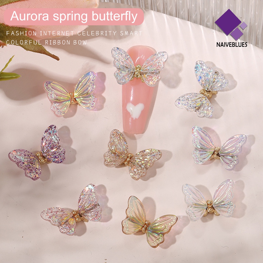 [naiveblues] 10 Pcs Butterfly Nail Charms Berwarna Bersinar Sequin Resin Indah DIY Aksesoris Kuku 3D