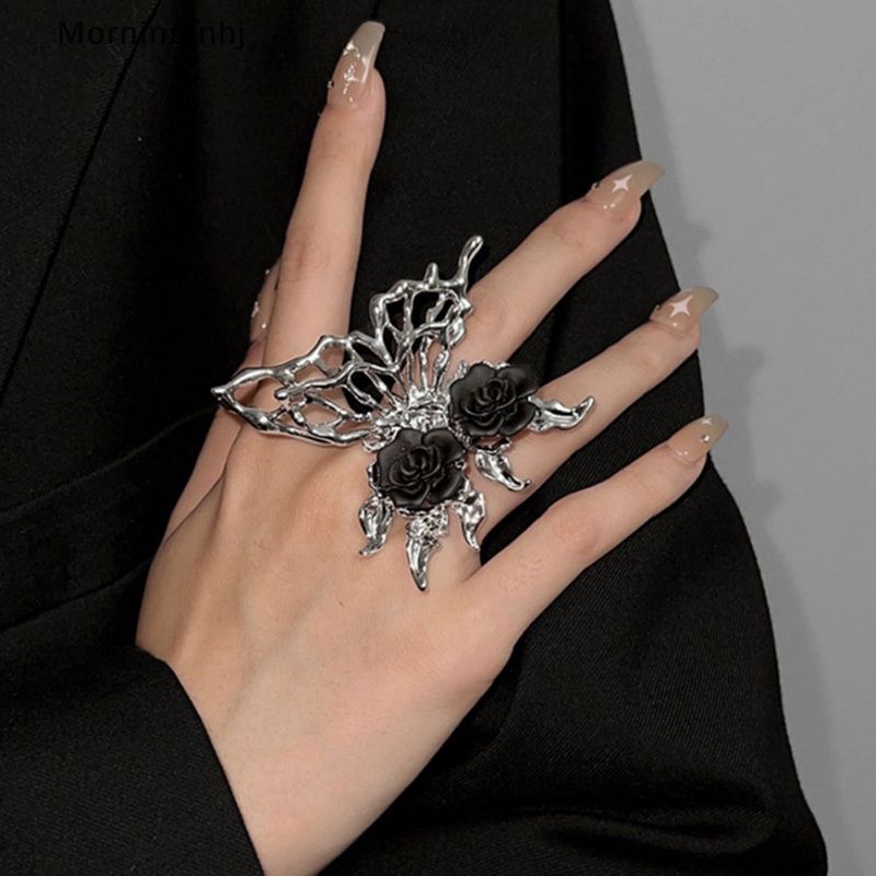 Mornin Vintage Punk Metal Black Rose Liquid Butterfly Opening Ring Untuk Wanita Berlebihan Cincin Hewan Yang Dapat Disesuaikan Aesthetic Perhiasan Hadiah id