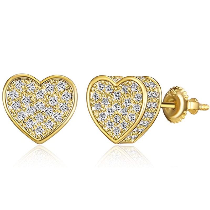 Goldkingdom Aksesoris Perhiasan Fashion Ready Stock Penjualan Panas Berlian Penuh Cinta Berbentuk Hati Stud Anting Berlapis Emas 18 K Telinga Lucu Minimalis