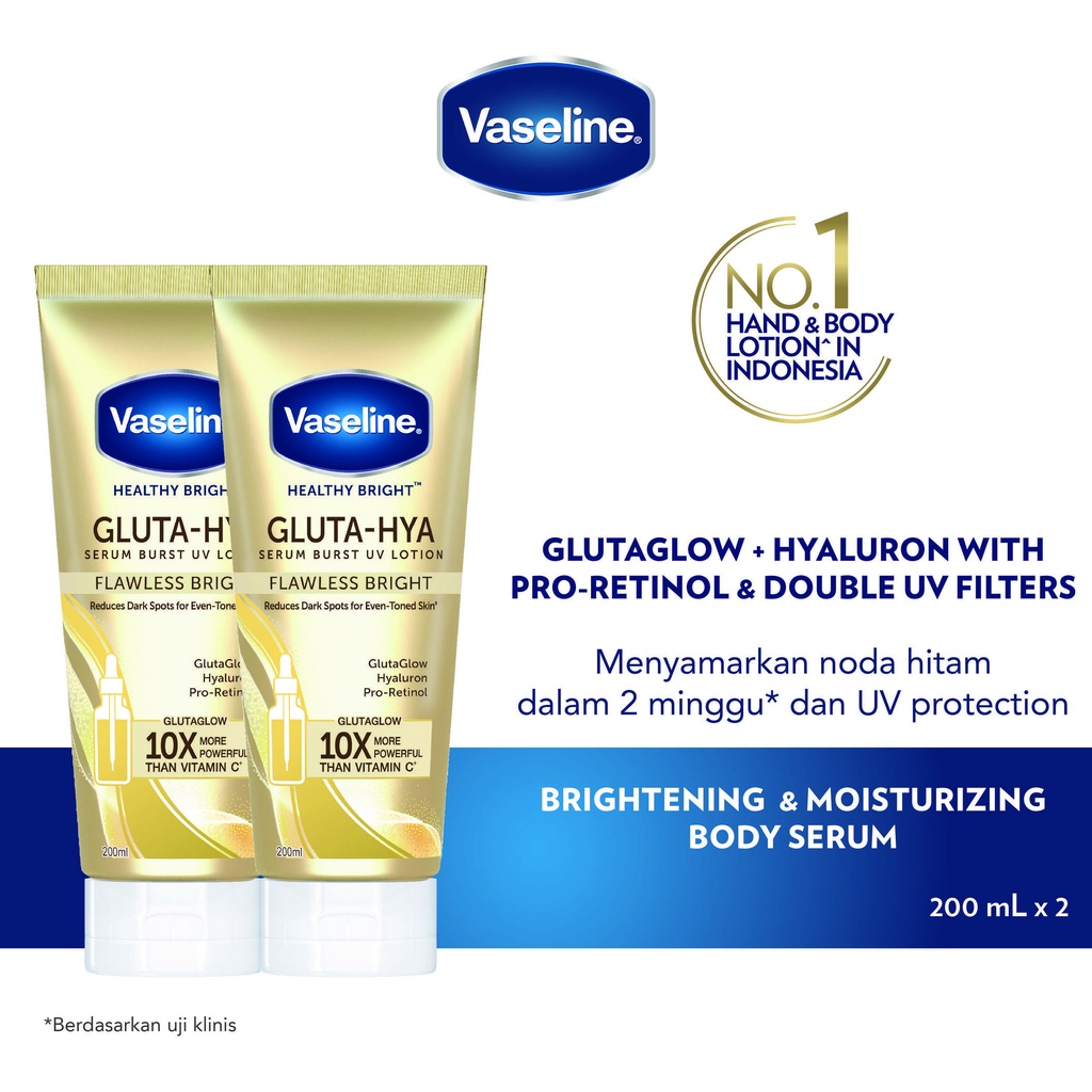 Vaseline Healthy Bright Gluta Hyaluron Niacinamide Serum UV Lotion Flawless Bright 200ml Twinpack