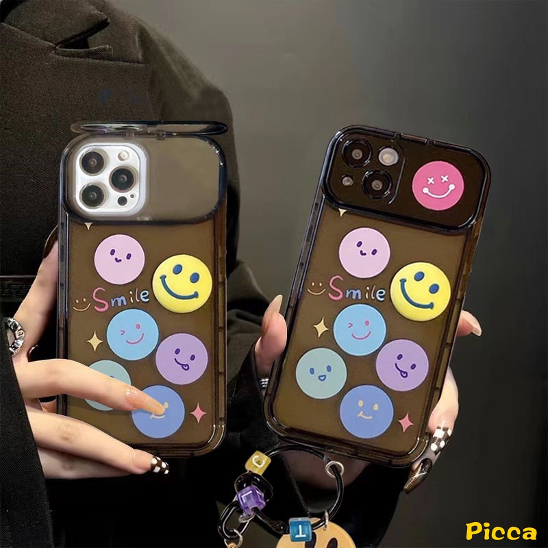 Casing Cermin Make Up Flip Kreatif Untuk Oppo A57 A15 A12 A7 A15s A3s A5s A5 A9 A53 A31 A33 2020 A12E A77 A77s A11K A11 A35 Kartun Lucu Smiley Case Soft Cover Dengan Gelang