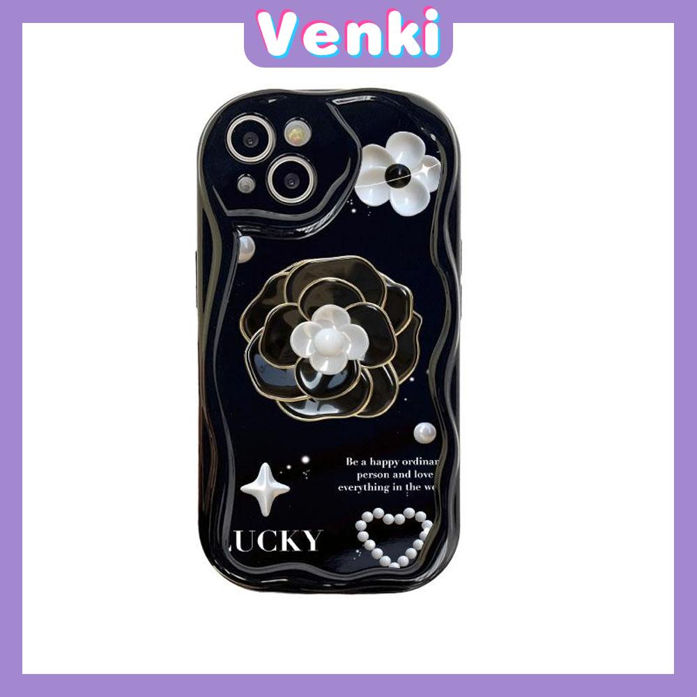 VENKI - For iPhone 11 iPhone Case 3D Curved Edge Wave Glossy Black TPU Airbag Shockproof Camera Cover Luxury Camellia Compatible with iPhone 14 13 Pro max 12 Pro Max xr xs max 7 8