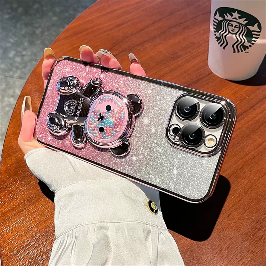 Case iPhone 14 Pro Max Pelindung Kamera Lensa Case Iphone12 13 Pro Max 11 Pro Max14 Plus Pelindung Shockproof Case Dengan Beruang Twinkle Dengan Stand, Aesthetic Lucu