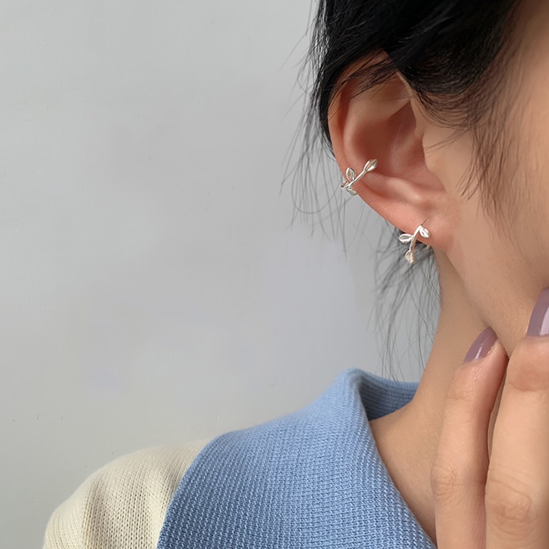 Papaozhu Stylish S925 Silver Leaf Hook Earrings Untuk Wanita Perempuan Temperamen Anti Alergi Cuff Earring All-match Aksesoris Telinga Pakaian Sehari-Hari