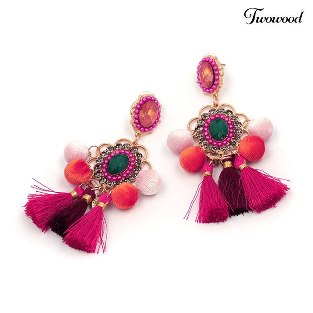 Twowood Wanita Berlian Imitasi Bunga Pompom Rumbai Menjuntai Ear Stud Earrings Pernyataan Perhiasan