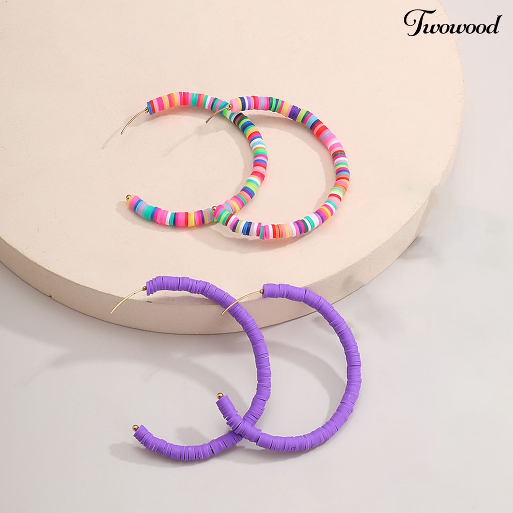 Twowood 1pasang All-match Wanita Warna Pelangi Polymer Clay Bohemian Hoop Stud Earring Untuk Outdoor