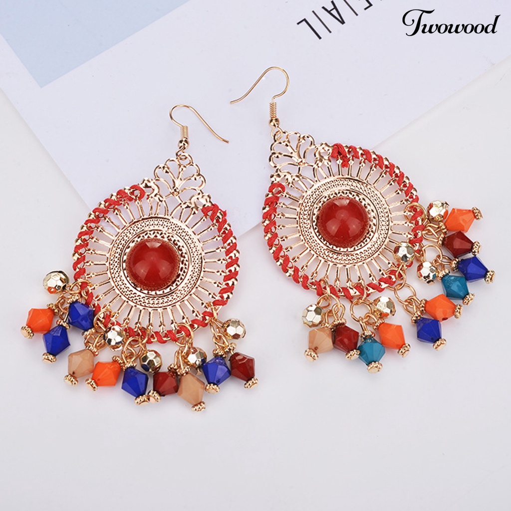 Twowood 1pasang Wanita Anting Kait Warna-Warni Etnik Anti-Cacat Gaya Bohemia Rumbai Drop Earrings Perhiasan Perempuan