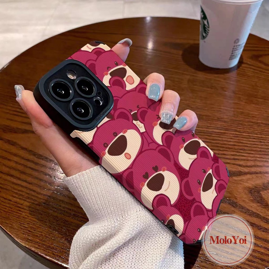 Kartun Lucu Manyo Strawberry Bear Phone Case Kompatibel Untuk iPhone 14 Pro Max11 12 13 7 8 Plus X XR XS MAX 7Plus Tekstur Kulit Mewah Silicon Lembut Lovely Shockproof Cover