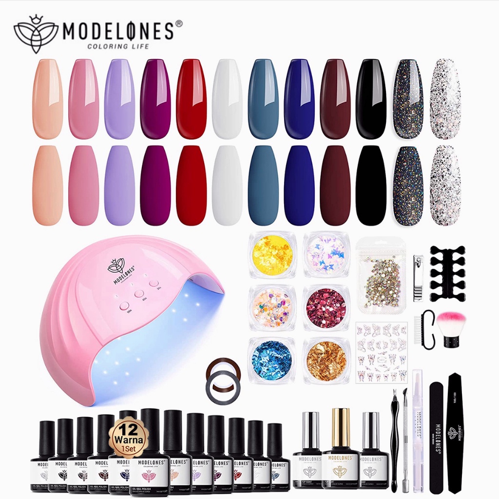 FLASH SALE Modelones 35PCS Gel Nail Kit Polandia dengan UV Light 48W Nail Dryer 12 Warna Semua musim